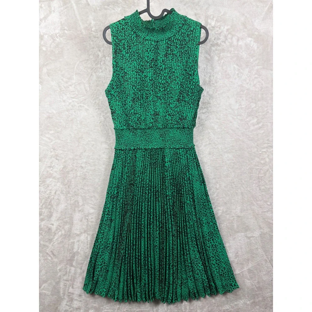 Nanette Lepore Green Leopard Print Pleated Mock Neck Smocked Midi Dress Size 12 - Picture 1 of 14